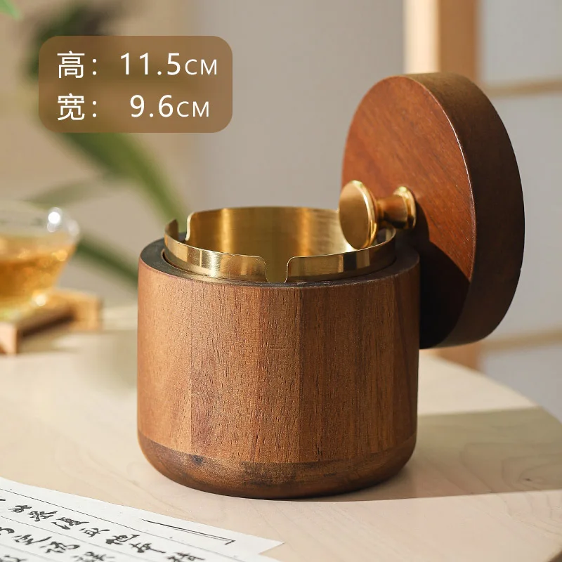 Solid wood ashtray with cover large home Chinese anti-fly ash living room light luxury creative ashtray retro car windproof