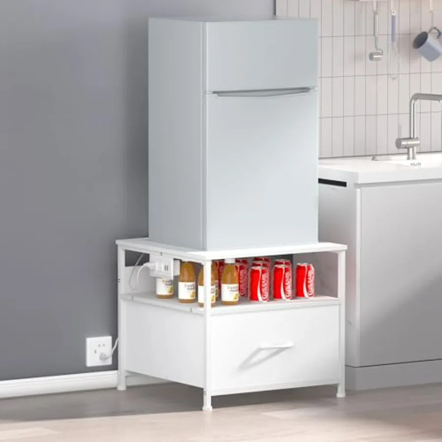

180 lb Mini Fridge Table with Drawer and Charging Station White Heavy Duty Fridge Stand with Adjustable Feet 4 Adjustable Legs