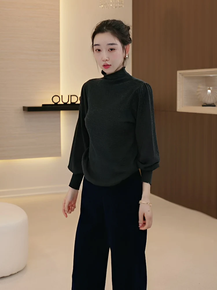 

OUDOEE ey Женский вязаный свитер с высоким воротником, весна 2026, новинка, маленький размер, с рукавами-фонариками, базовая модель для ношения под одеждой