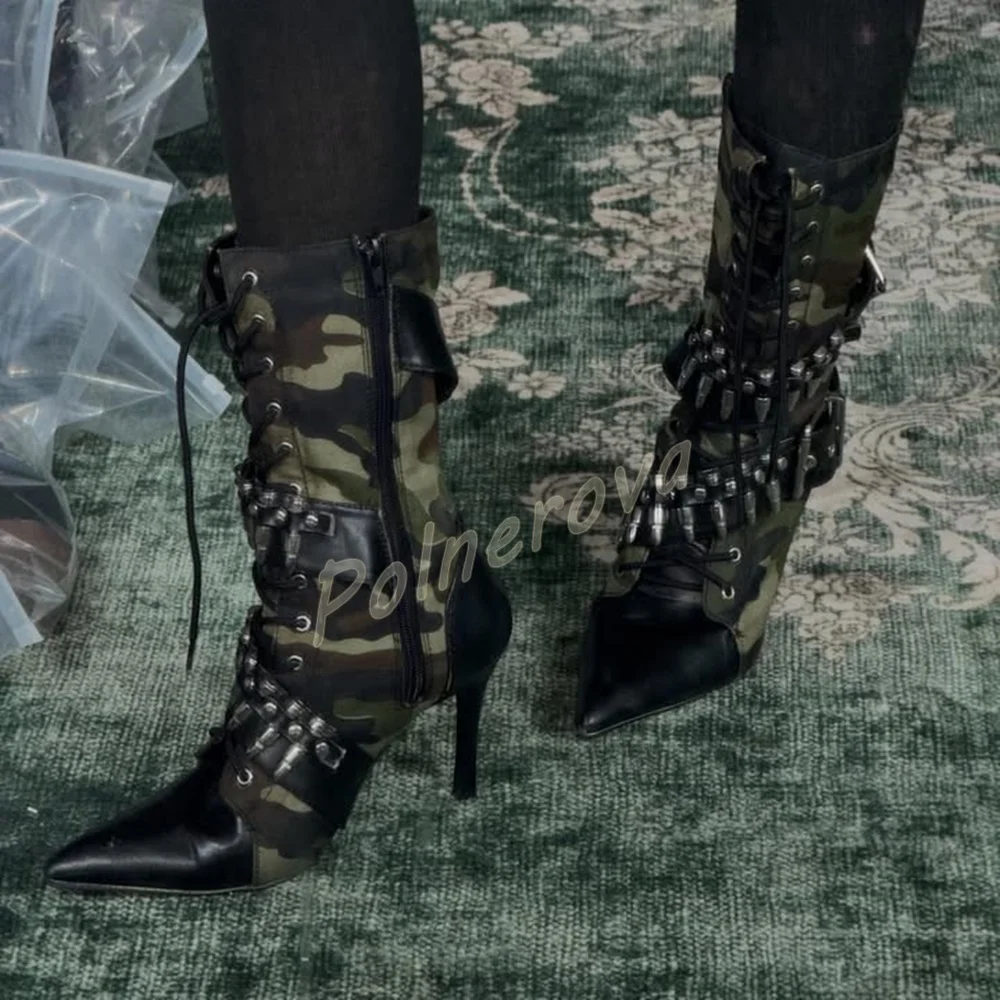 Women Camo Mid Calf Boots Pointed Toe Stiletto High Heel Buckle Strap Lace Up Shoes Side Zipper Punk Rock Party Winter Shoes