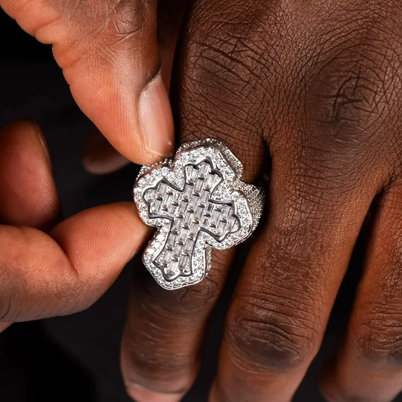 Iced Out Cross Ring Baguette & Round CZ Micro Paved Silver Plated Wide Statement Hip Hop Ring for Men Party Jewelry