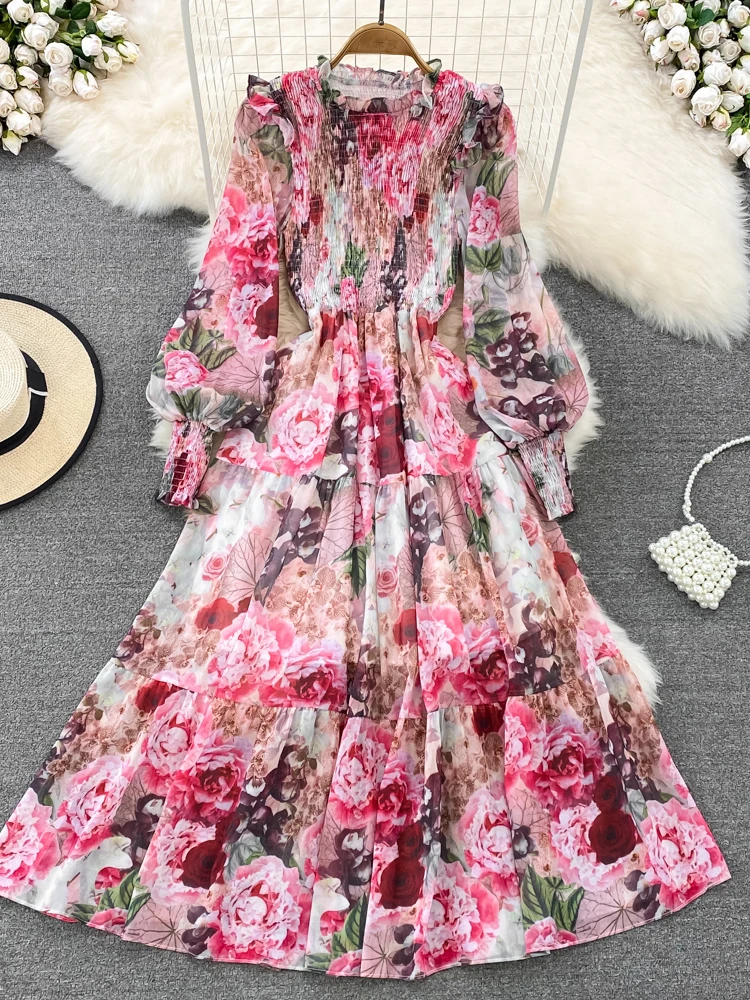 Autumn Vintage Women Floral Chiffon Midi Dress Elegant Ruffle Stand Collar Lantern Long Sleeve High Waist Big Swing Draped Robe