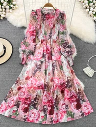 Autumn Vintage Women Floral Chiffon Midi Dress Elegant Ruffle Stand Collar Lantern Long Sleeve High Waist Big Swing Draped Robe