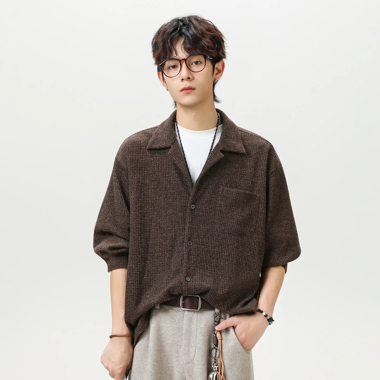 

Осенние новые модные мужские однобортные рубашки с отложным воротником и длинными рукавами, однотонные повседневные модные свободные однобортные рубашки, мужская одежда, топы