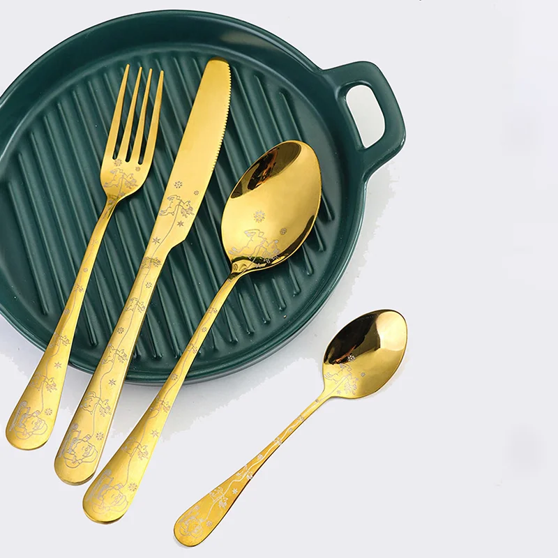 4 قطعة أدوات المائدة الفولاذ المقاوم للصدأ أواني الطعام مجموعة عيد الميلاد مجموعة أدوات المائدة سكين شوكة ملعقة قهوة مرآة طقم ملاعق هدايا عيد الميلاد #3