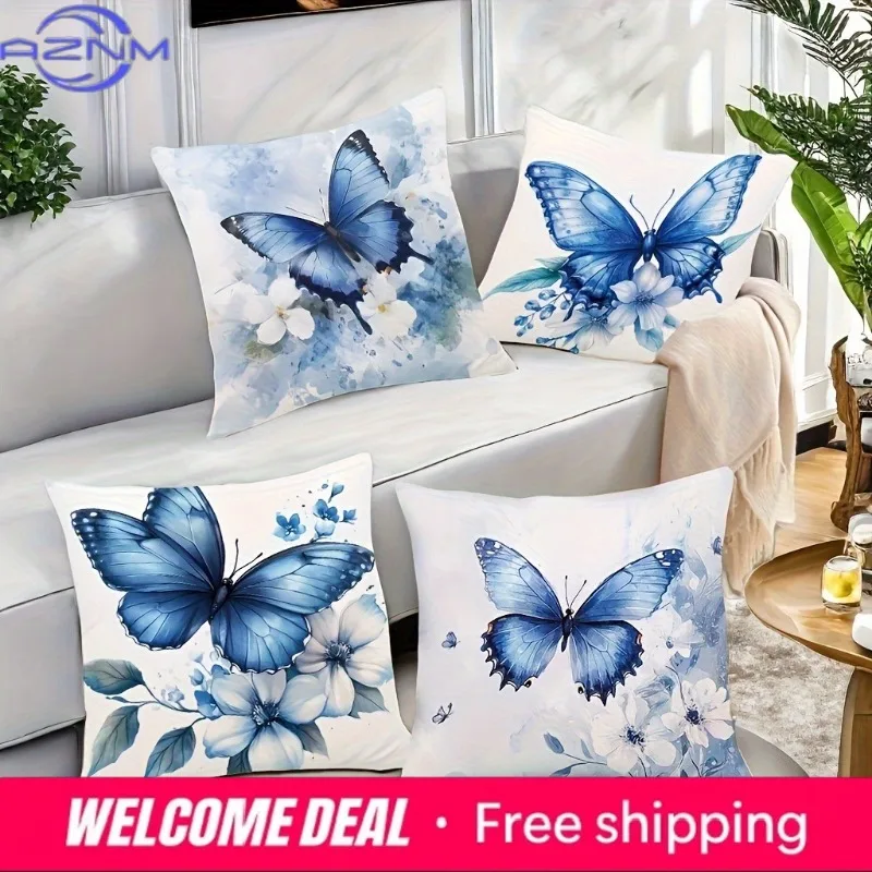 Blue Dancing Butterfly Print Home Decor Pillowcase Bedroom Living Room Sofa Decoration Polyester Cushion Cover with Zipper