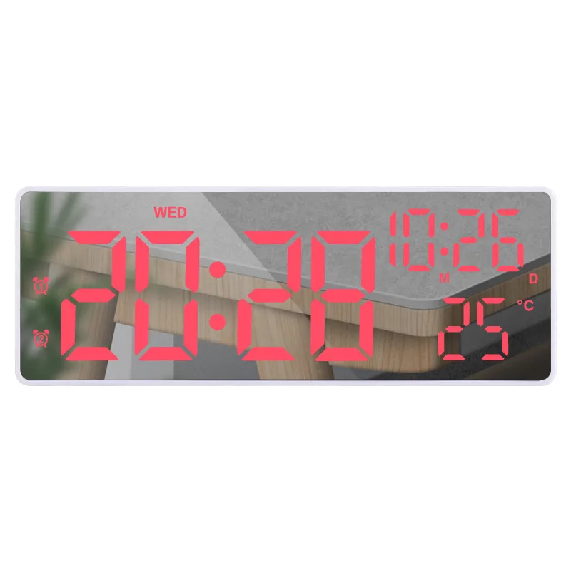 M-C-03 LED Mirror Desk Clock Digital Timer Dual Alarm Time Temp Week Date Dual Power Electronic Clock For Indoor Bedroom Desktop