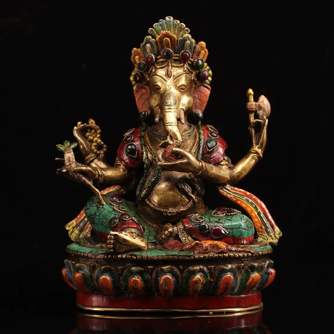 Nepal Pure Copper Ganesha Seated on Lotus Gem Inlaid Painted Home Altar Statue Collectible
