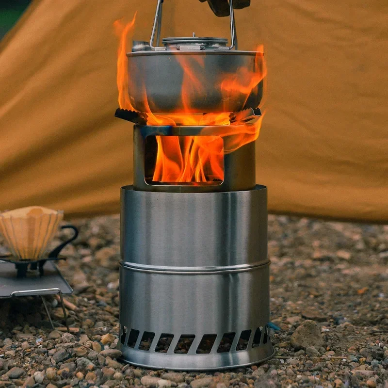 Poêle à bois rond portable extérieur, poêle à charbon de bois solide, poêle de pique-nique épais en acier inoxydable, grand