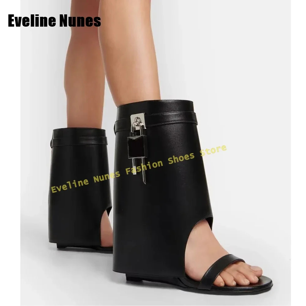 

Black Metal Padlock Decoration Sandals Open Toe Wedges Patchwork Sexy Casual Sleeve Boots Crafted In Sleek Fold Down Shoes 2025