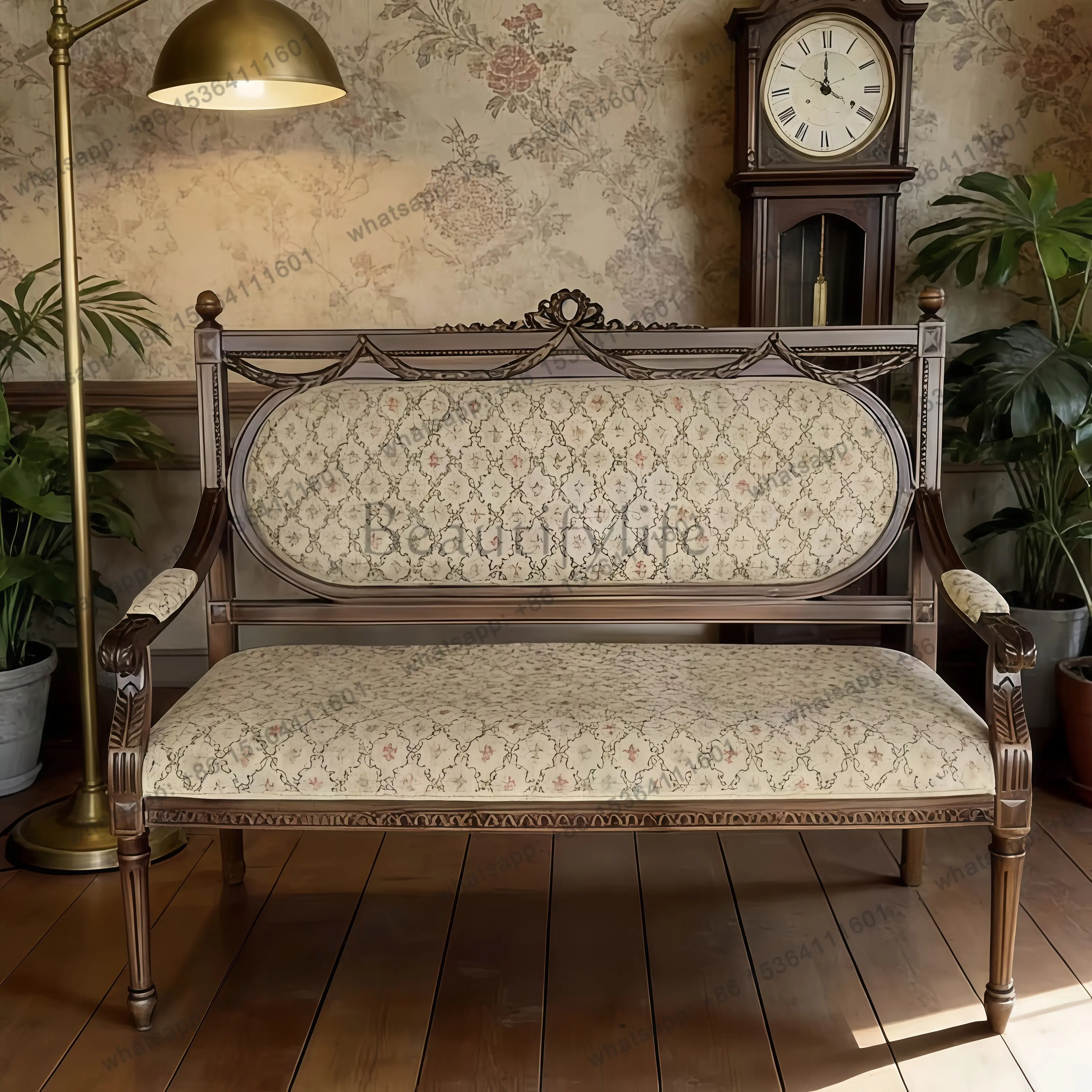

French classical solid wood carving flower sofa chair household small apartment