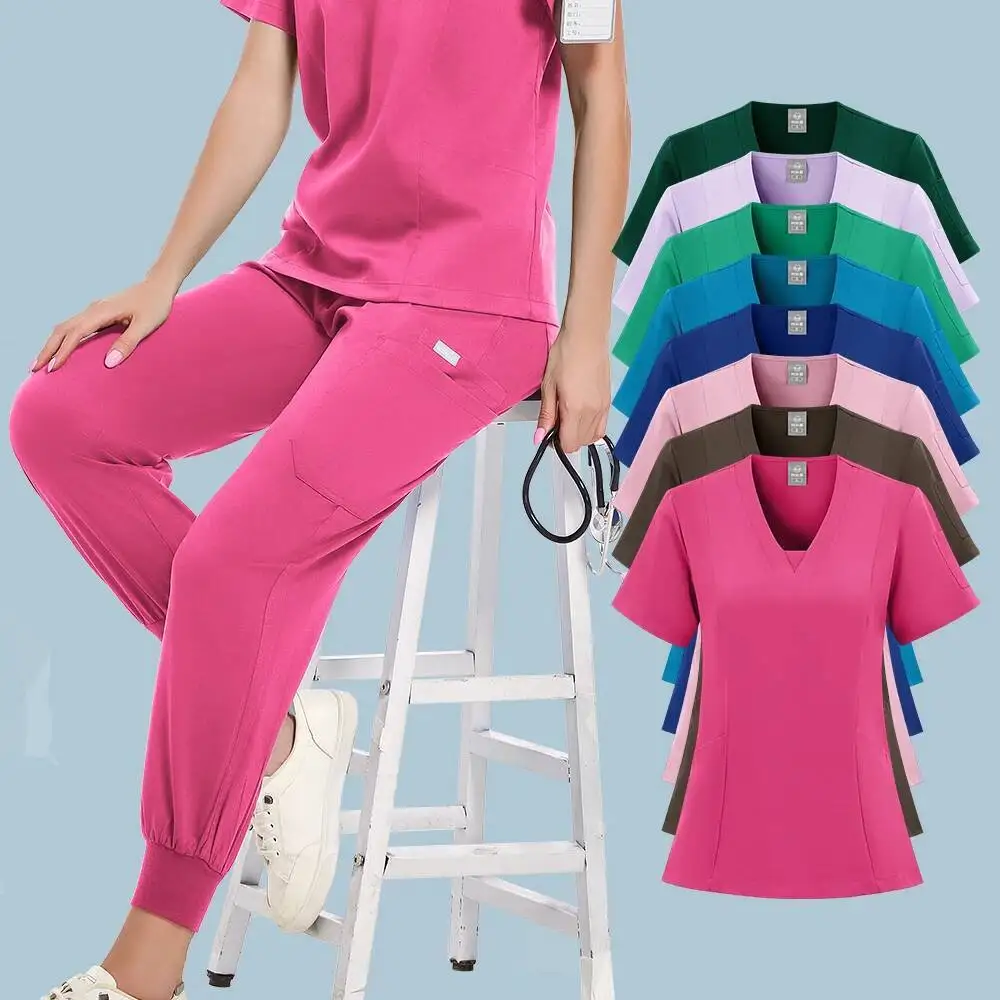 Dwuczęściowy strój medyczny z krótkim rękawem, dekoltem w serek, kieszeniami, bluzka medyczna i spodnie typu jogger ze sznurkiem, uniform dla lekarza, pielęgniarki, odzież robocza.