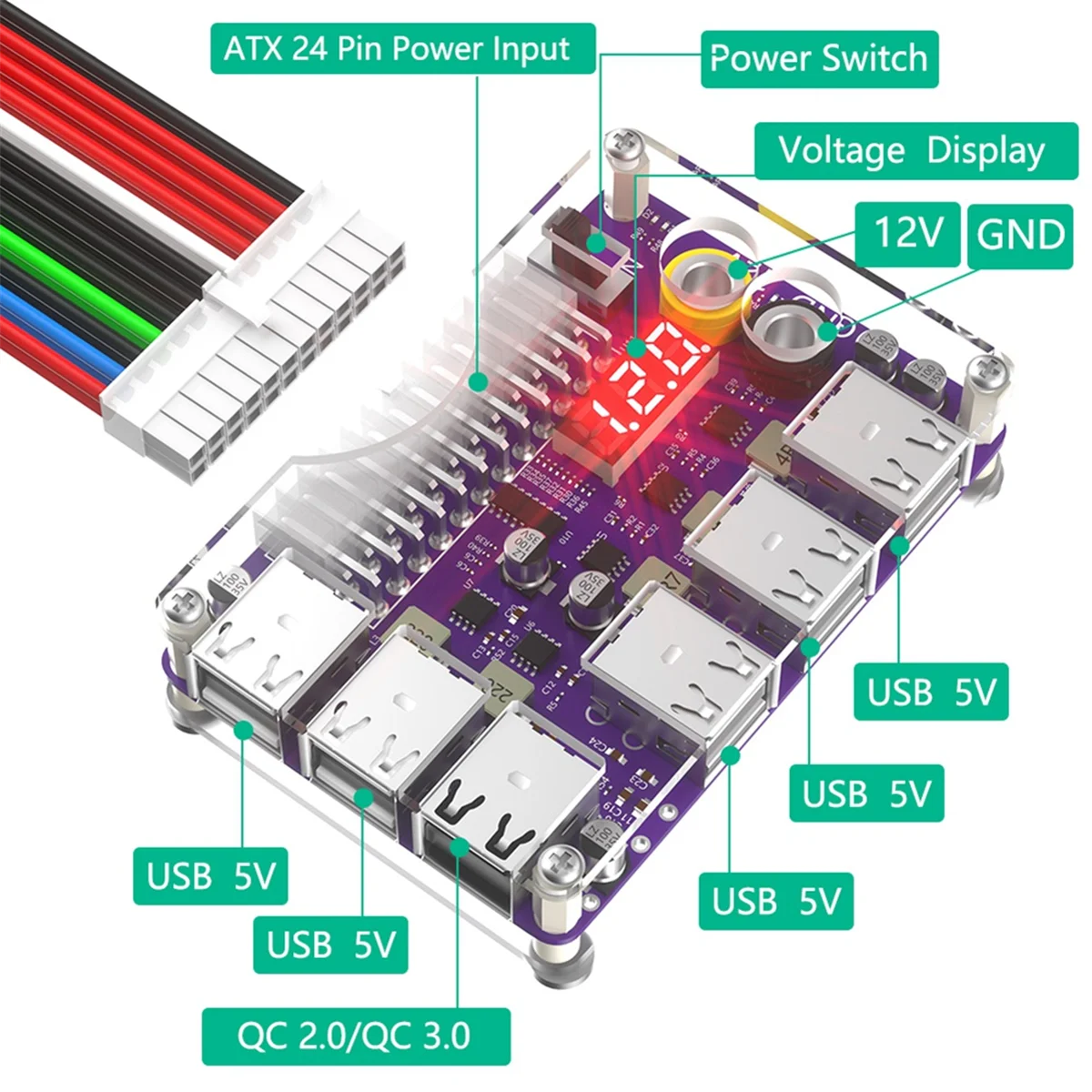 Adattatore per modulo di alimentazione della scheda di sblocco dell'alimentatore ATX 24pin con uscita USB 2.0 a 12 porte e QC 2.0/ 3.0 e 12V