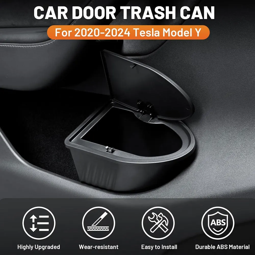 Door Trash Can for Tesla Model Y Accessories Side Door Storage Box Organizer Push-to-Open Lid Design Front Seat Car Garbage Can