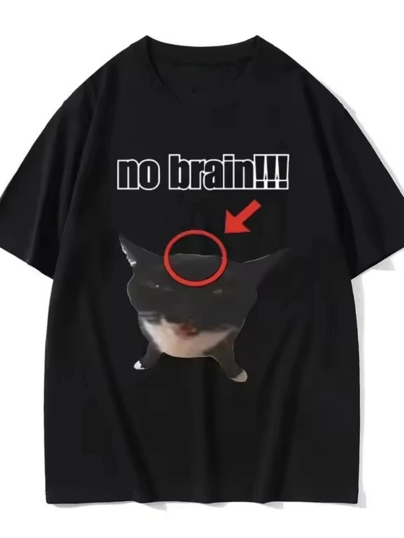 T-shirt graphique drôle pour femmes-Design de chat « No Brain », t-shirt noir décontracté à manches courtes et col rond, doux, coupe confortable toutes saisons,