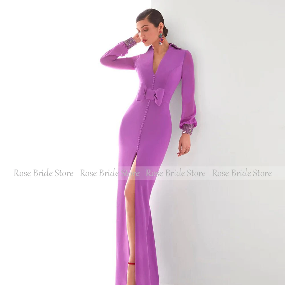 Classic Women\'s Evening Gowns Purple Satin Bow Button Rhinestone Front Fork Sheath V-neck Floor Length Dresses Gowns 2024