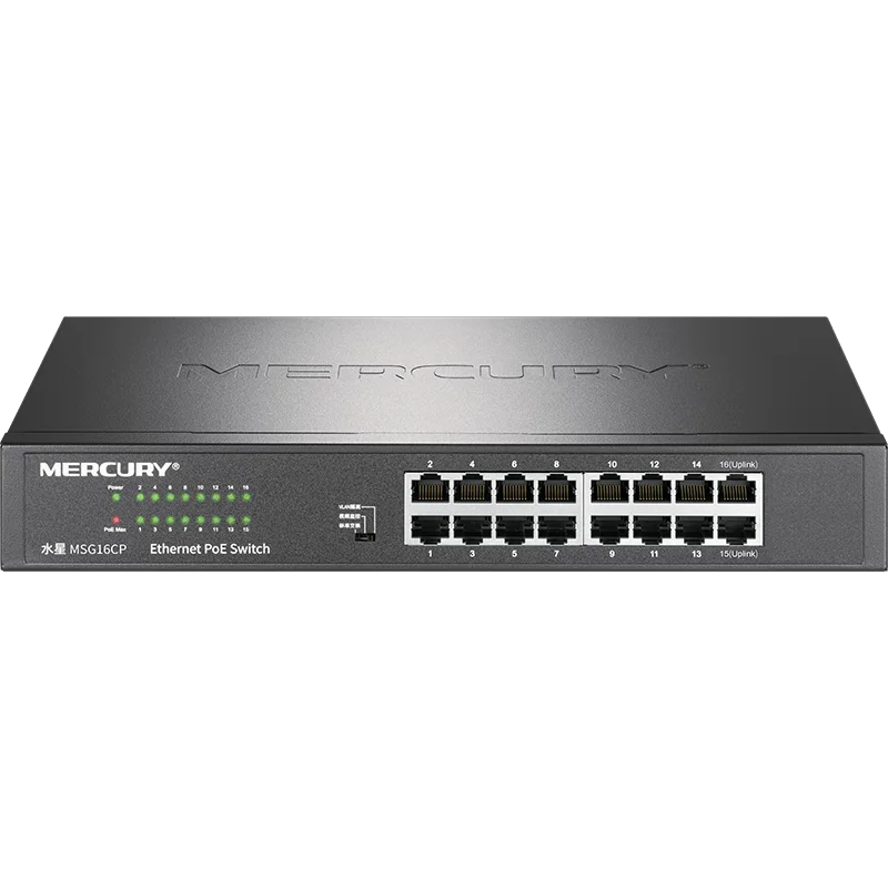 Mercury 16-port Gigabit PoE Ethernet Switch @128W 2 Dual Uplink Port Design, Plug-and-play Monitoring Network Splitter MSG16CP
