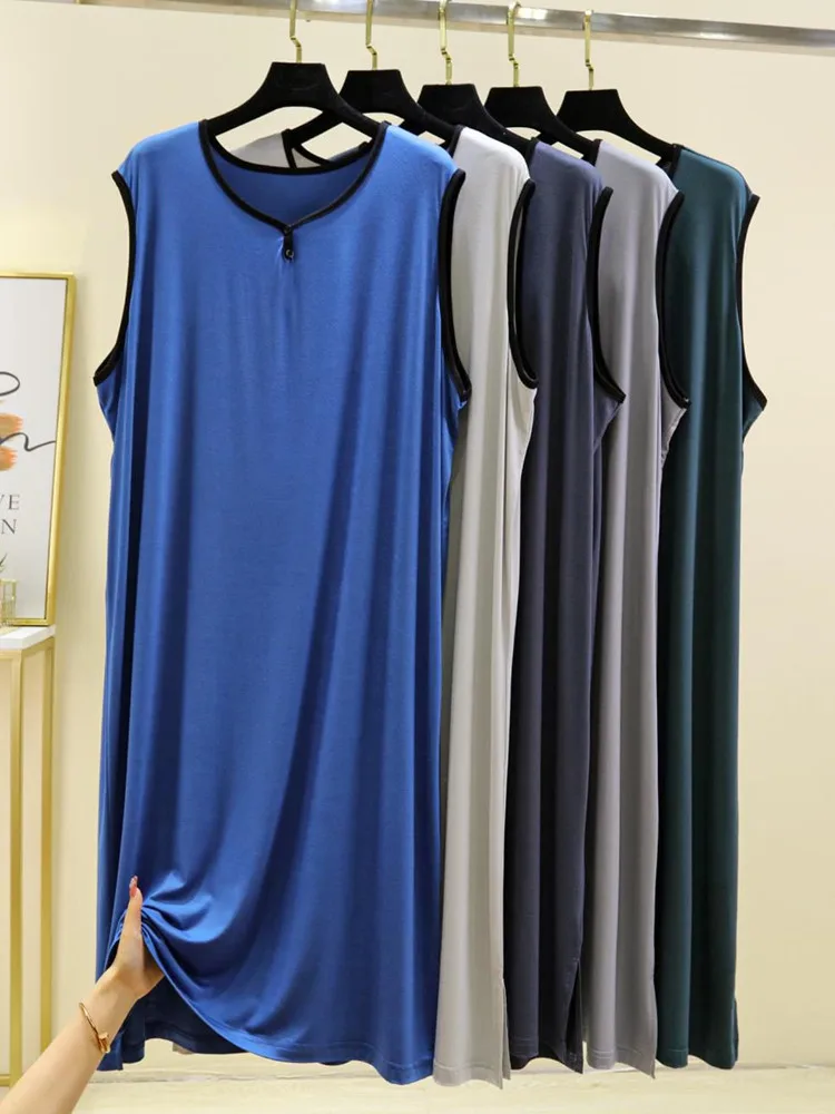 Cool Sensation Modal Men's Sleepwear Short Sleeve Thin Robe Long Gown Home Clothes Bath Robe Mid-Length V-neck Summer Leisure