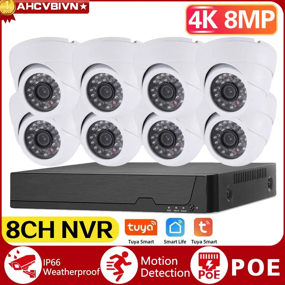 

Tuya H.265 4K Ultra HD CCTV Video Surveillance Kit 8MP 8CH POE NVR Kit Outdoor Waterproof POE IP Dome Security Camera System Set