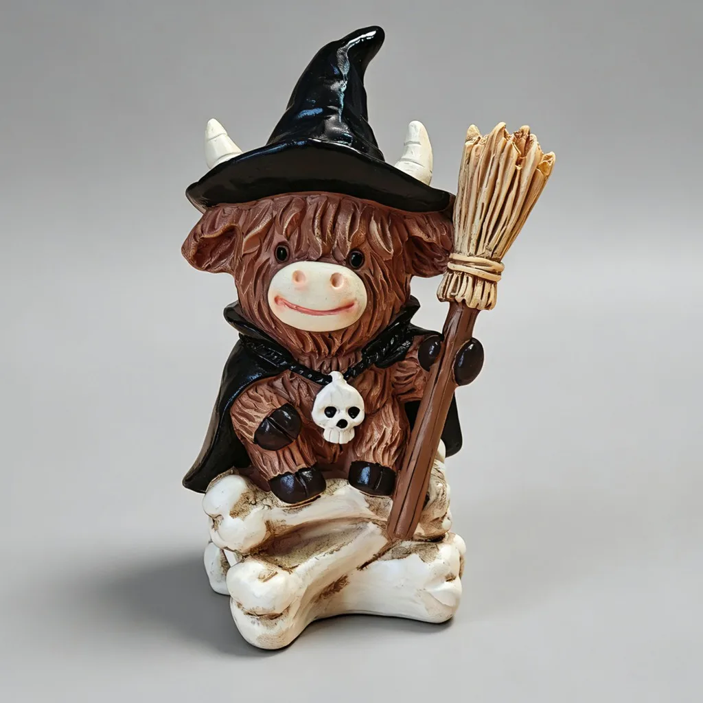 3Pcs Halloween Highland Cow Witch Figurines Set Resin Pumpkin Broom Statue Home Desktop Decor Spooky Cute Holiday Ornament Gift