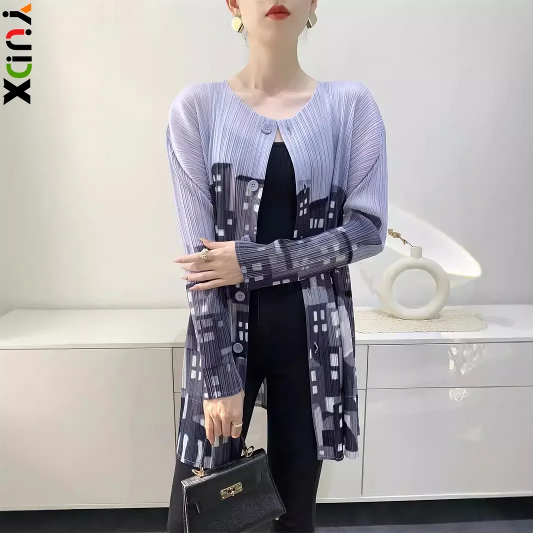 YUDX Pleated Women's Cardigan Women's Printed Shirt Medium Long Comfortable Casual Long Sleeve Tops 2024 Summer New