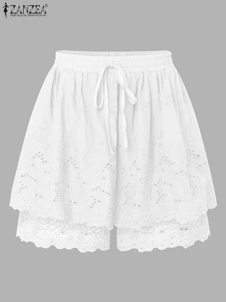 ZANZEA Moda 100% Cotone Donna Pantaloncini a vita alta in pizzo Pantaloni a gamba larga 2025 Estate Elastico in vita Dolce ed elegante Pantaloni solidi