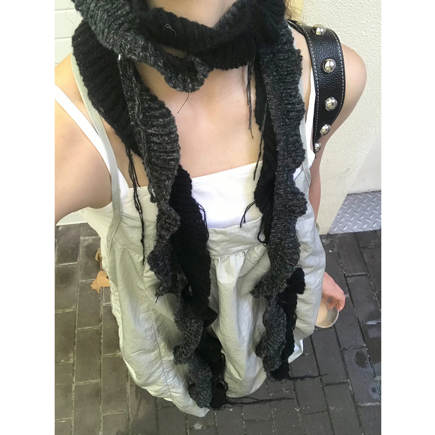 Ins Korean Y2k Long Thin Scarf Women Irregular Tassel Knitted Scarf Design Decoration Narrow Scarf Spicy Girl Small Scarf