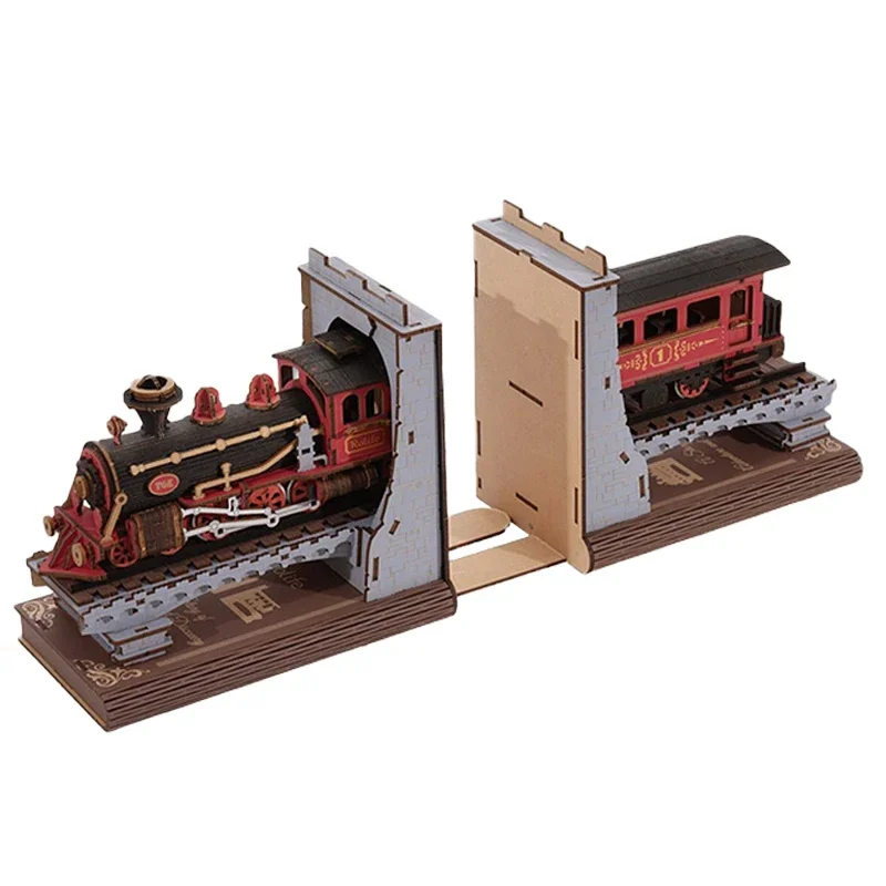 Animação dos desenhos animados livro país trem blocos de construção de madeira montado bookend brinquedo modelo 3d quebra-cabeça adulto presente aniversário periférico