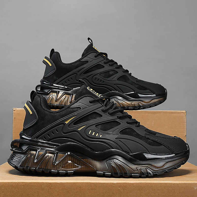 

Men's High-Top Running Shoes - Breathable Synthetic Upper, Comfortable Cushioning and Durable Rubber Sole, Suitable for Year-Round Training, Fitness, Jogging - Black with Gold Accents, Sneakers, Streamlined Athletic Design, Lining Fabric