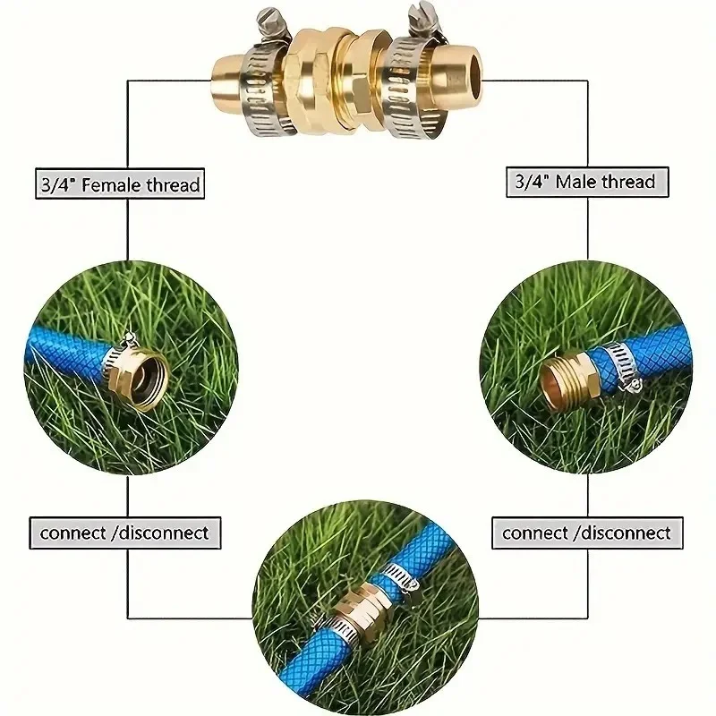 Connecteur de réparation de tuyau d'arrosage avec kit de pinces, extrémité de tuyau d'eau en aluminium, femelle et mâle, remplacement adapté pour tuyau 3/4 