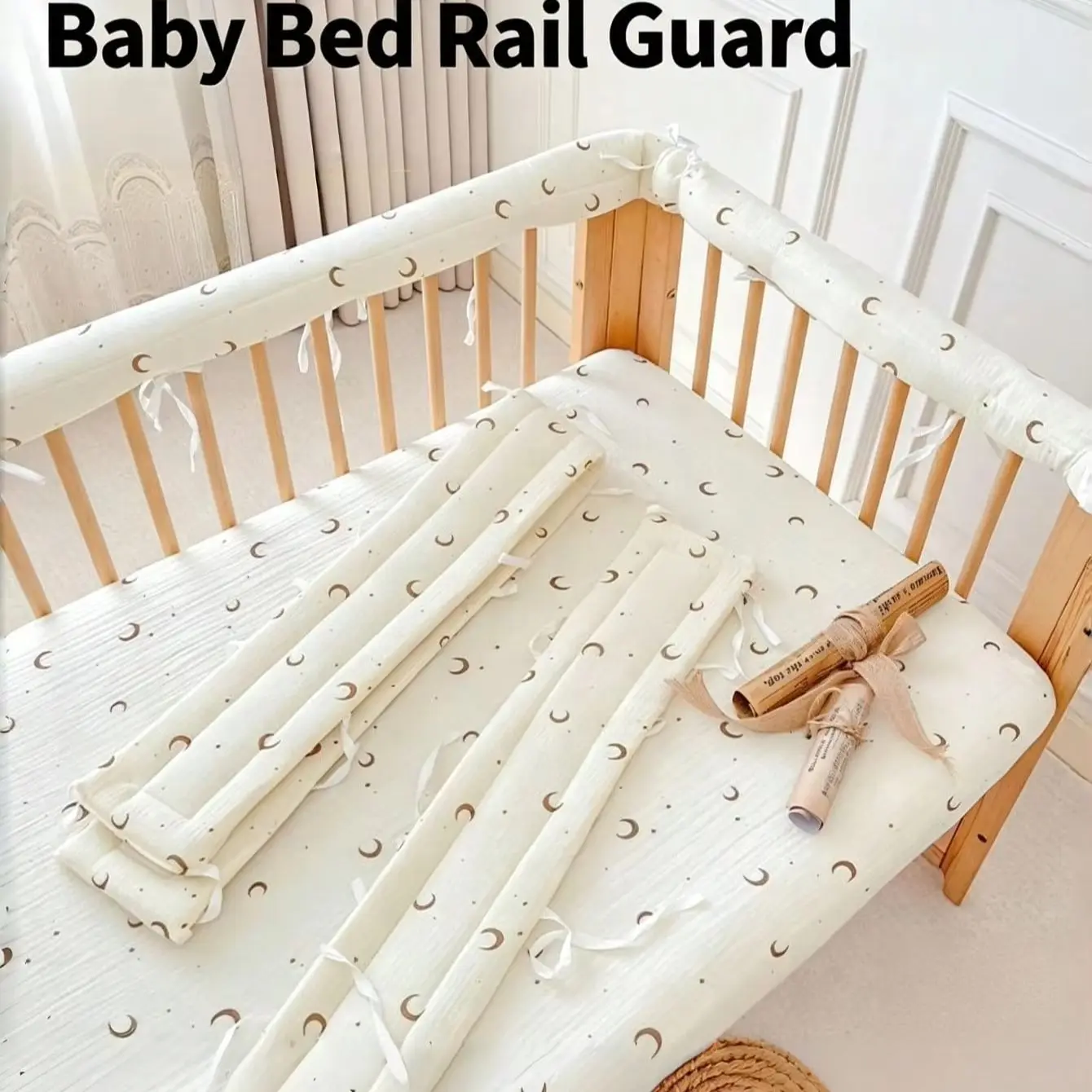 Cute Rabbit Floral Printed Baby Crib Rail Bumper Soft Breathable Anti‑Collision Cot Guard, Reversible Washable Decor Crib Side L