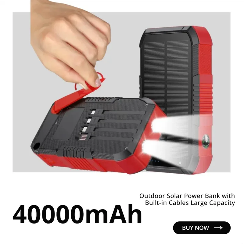 Outdoor Solar Power Bank with Built-in Cables Large Capacity of 40000mAh Hand-cranked Power Generation