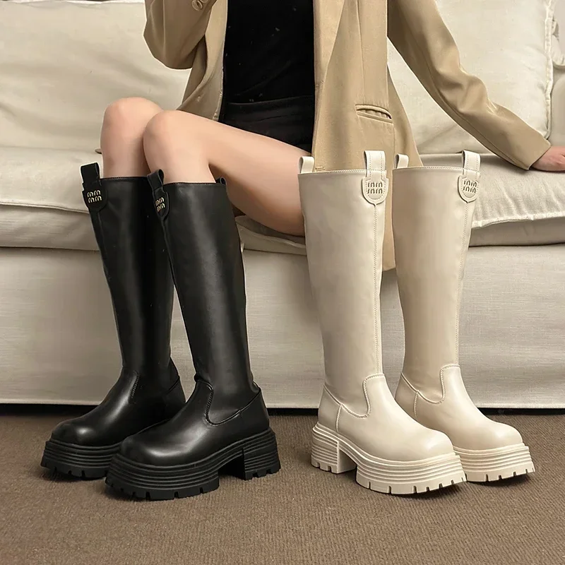 

Women's Knee High Boots Designer High Heels Chunky Leather Shoes Brand Woman Chelsea Boots 2025 Winter Platform New Botas Mujer