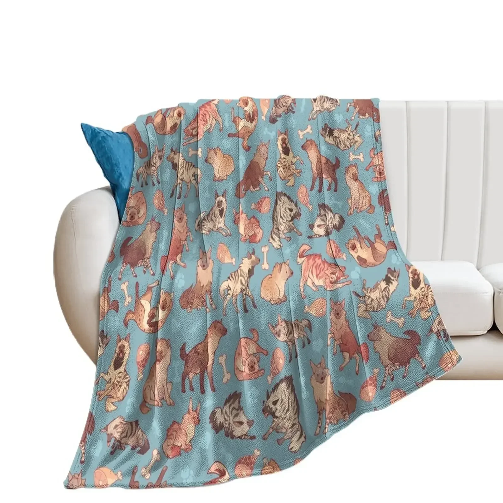 Hyenas in cerulean Throw Blanket Decorative Sofas Furrys Luxury Throw Blankets