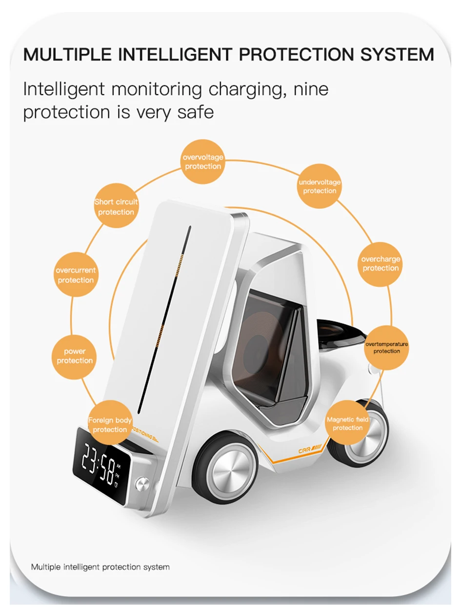 

5IN1 Беспроводное зарядное устройство с несколькими будильниками для iPhone 11 12 13 14 15ProMax Зарядная станция с ночным светом для iWatch 7 8 Airpods Pro3