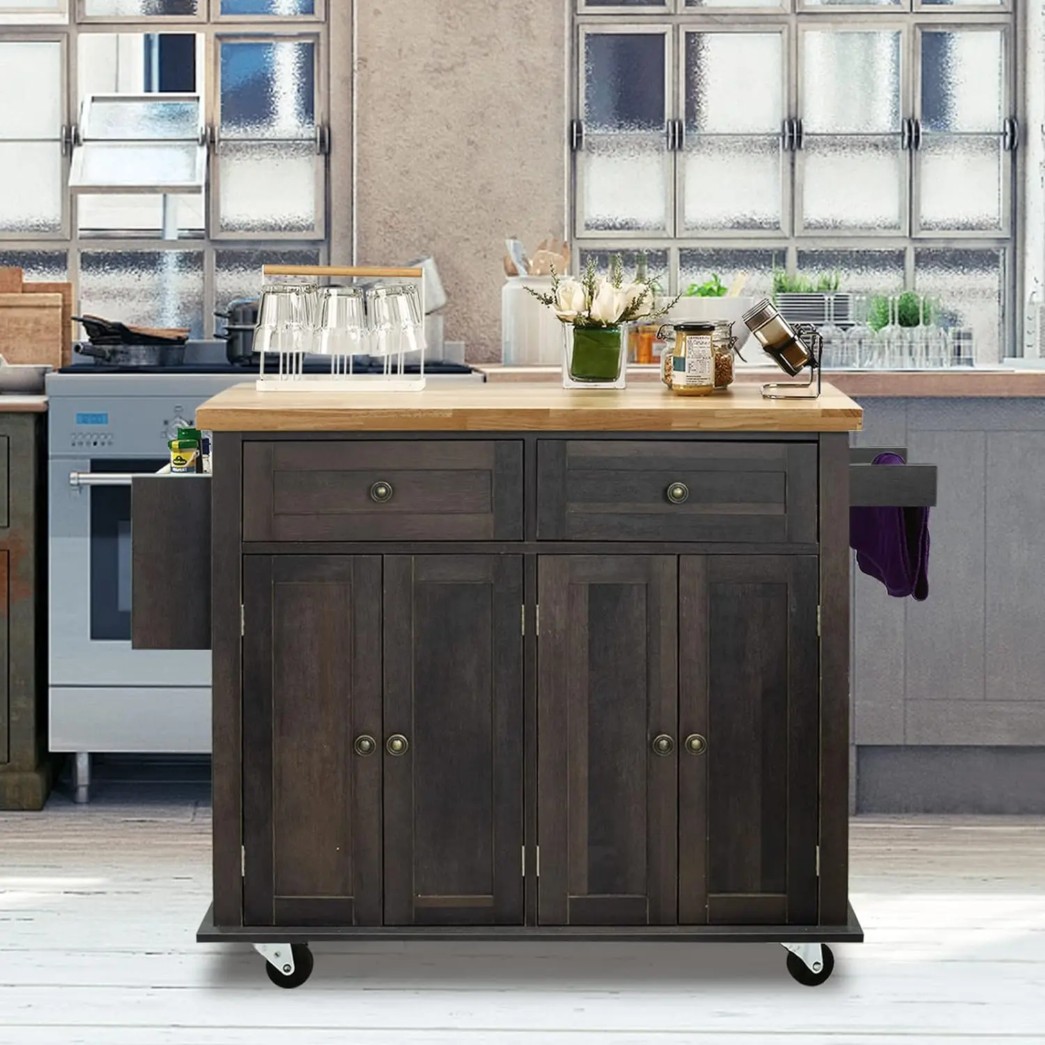 NSdirect Kitchen Island Cart,Kitchen Bar e carrello da portata che rotola su ruote con portaspezie portasciugamani carrello portaoggetti