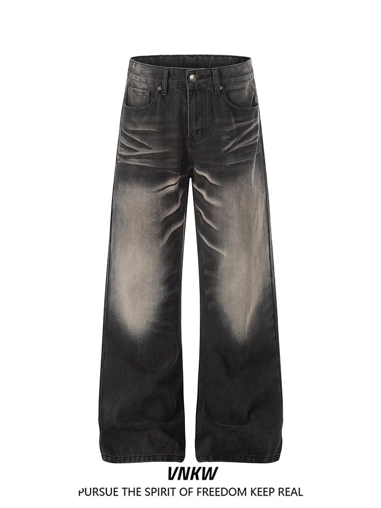 

Casual Straight Leg Jeans Men Women Cleanfit Loose Wide Leg Casual Long Pants Worn in Dyeing Pattern mid Waist Zipper