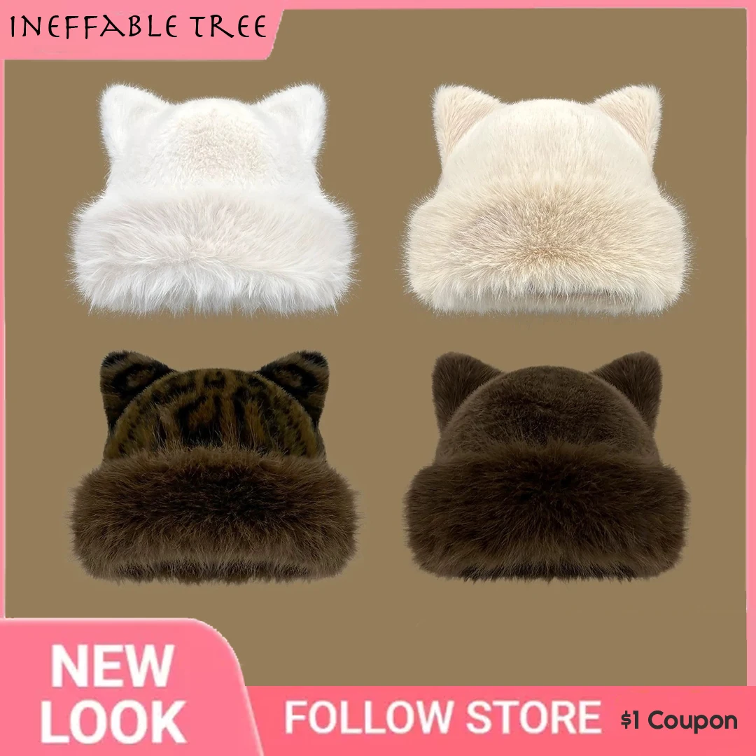 Cat Ears Fur Fisherman Hats for Women Winter Plush Ear Protection Windproof Warm Panama Caps Snowy Day Streetwear Bucket Hat