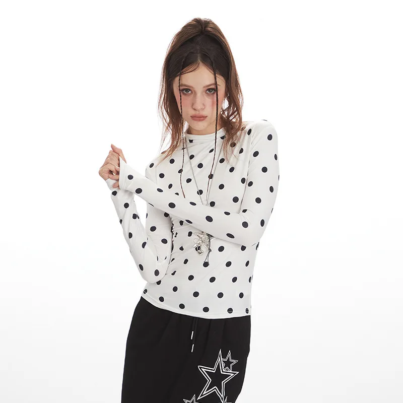 

Новое поступление весны 2026, женская футболка с воротником-стойкой и длинными рукавами, белый горошек, сексуальный стиль, облегающий белый/черный модный топ