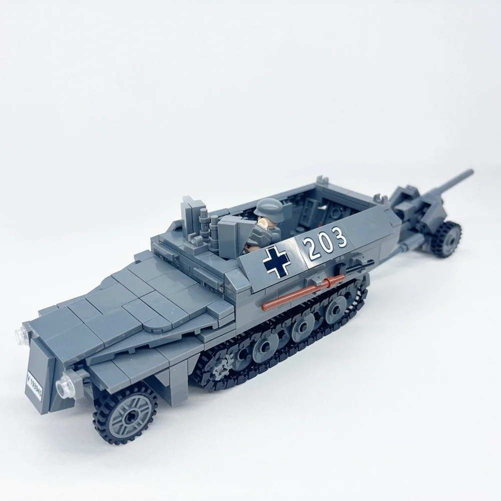 WW2 SdKfz 251 Ausf D Armored Half Track Carrier with Pak40 Anti-Tank Gun Military War Brick WWII Building Block Toy 3 Soldiers