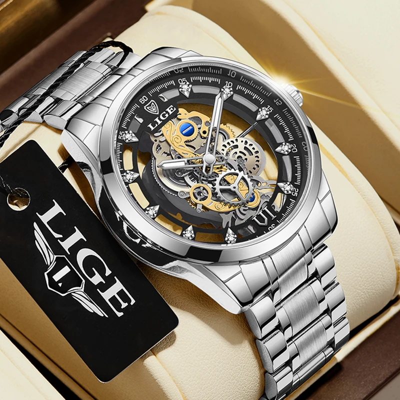 LIGE Creative Hollow Design Watch Men Fashion Military Sport Waterproof Watch Men Top Brand Luxury All Steel Quartz Chronograph