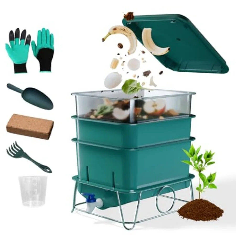 3-Tray 15L Worm Farm Composting Bin with Tool Set - Efficient Indoor/Outdoor Composter for Organic Waste Recycling Beginner-Fri