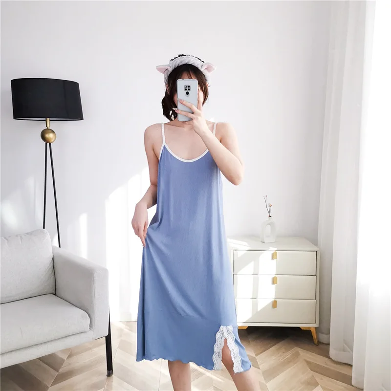 Suspended Dress For Women Spring Summer Nightgowns New Lace Inner Wear Modal Nightdress Solid Color Slim Sexy Nightshirt Female