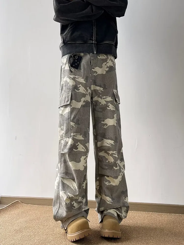 Calças largas camufladas para homens, calças longas casuais, roupas largas retas, bolsos múltiplos, moda Y2K, lavadas, nova, 2024