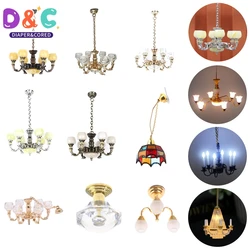 1:12 Dollhouse Miniature Retro Lamp Chandelier Light Working Ceiling Lamp Light Furniture Model DollHouse Livingroon Scene Decor