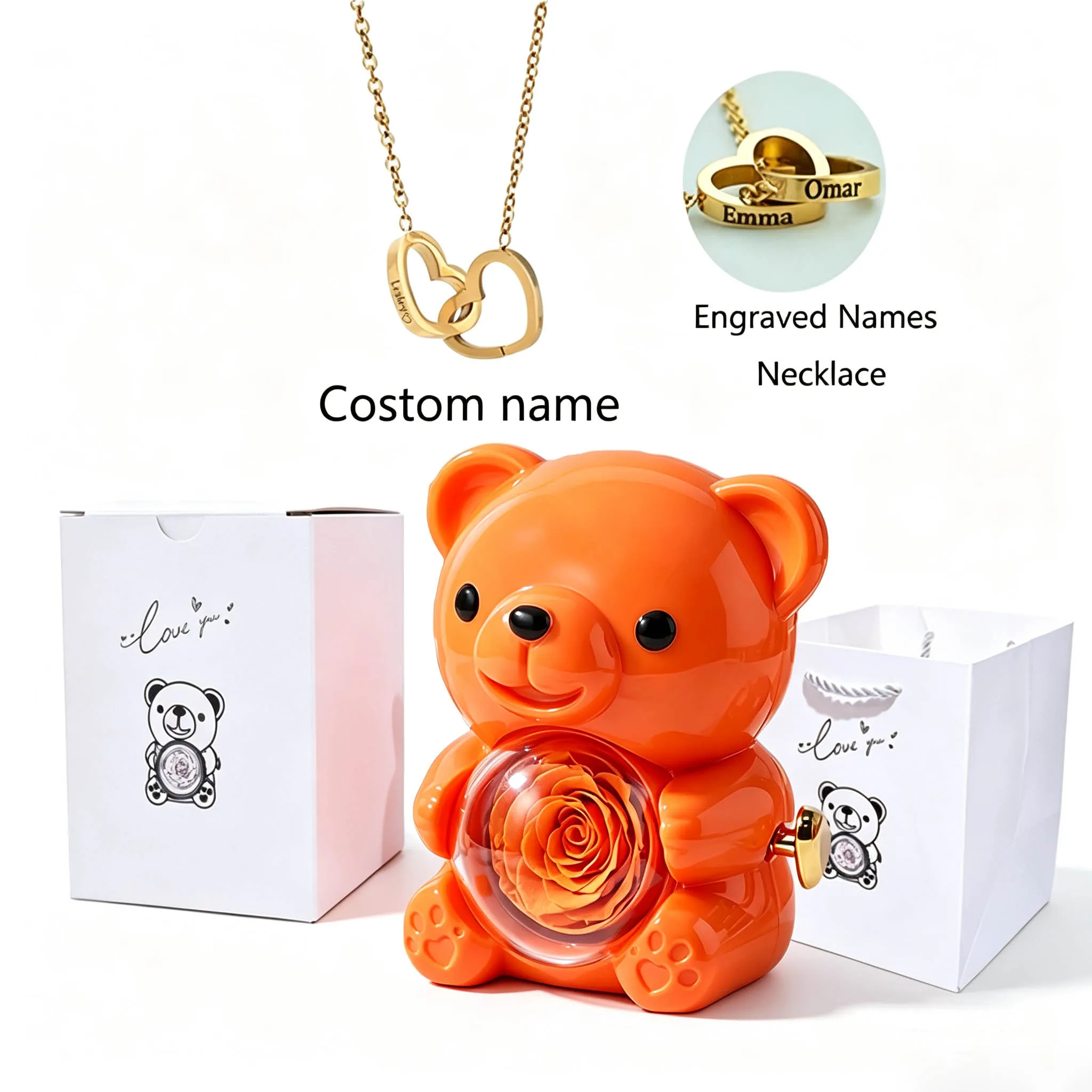 Eternal Rose Teddy Bear Jewelry Box with Custom Name Necklace Wedding Valentine Special Present for Girlfriend Anniversary gift