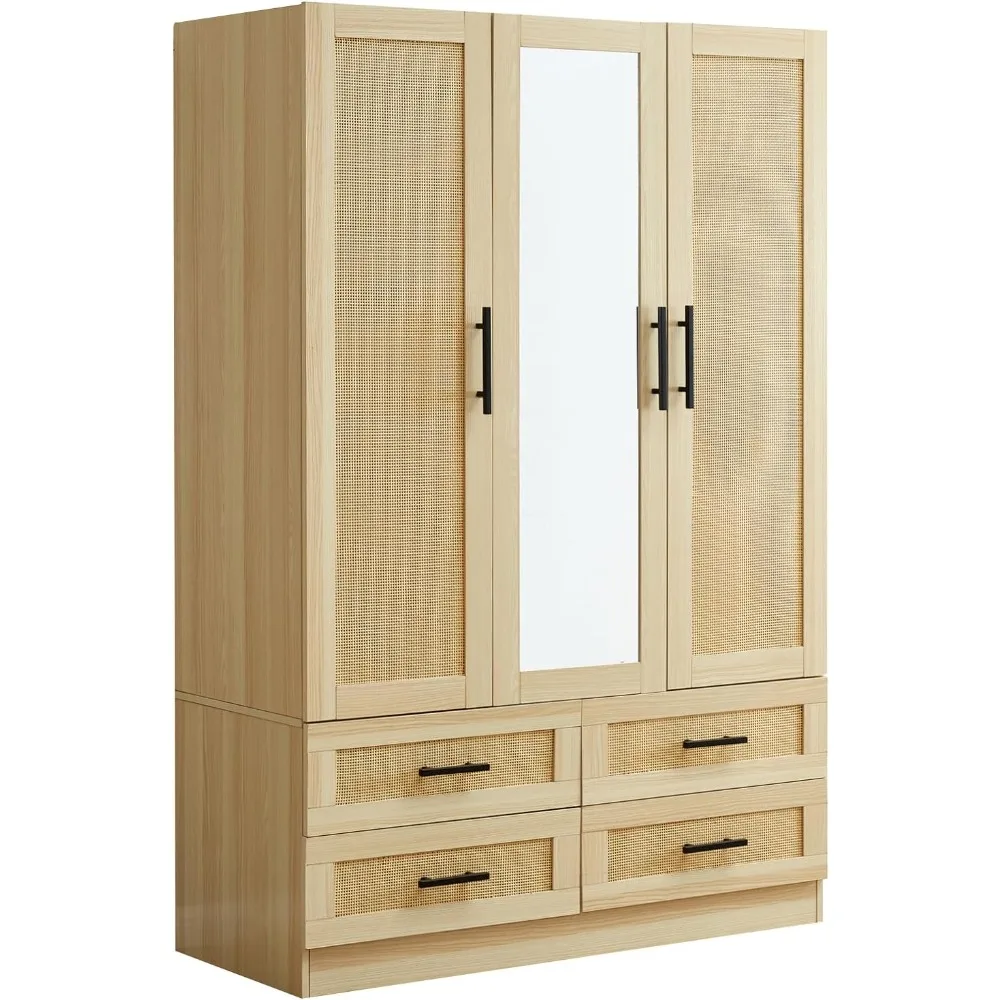 

3 Door Wooden Wardrobe with Clothes Rods Inside, 4 Drawers for Storage and Mirror, Multi-Space Storage,Bedroom Clothes Organizer