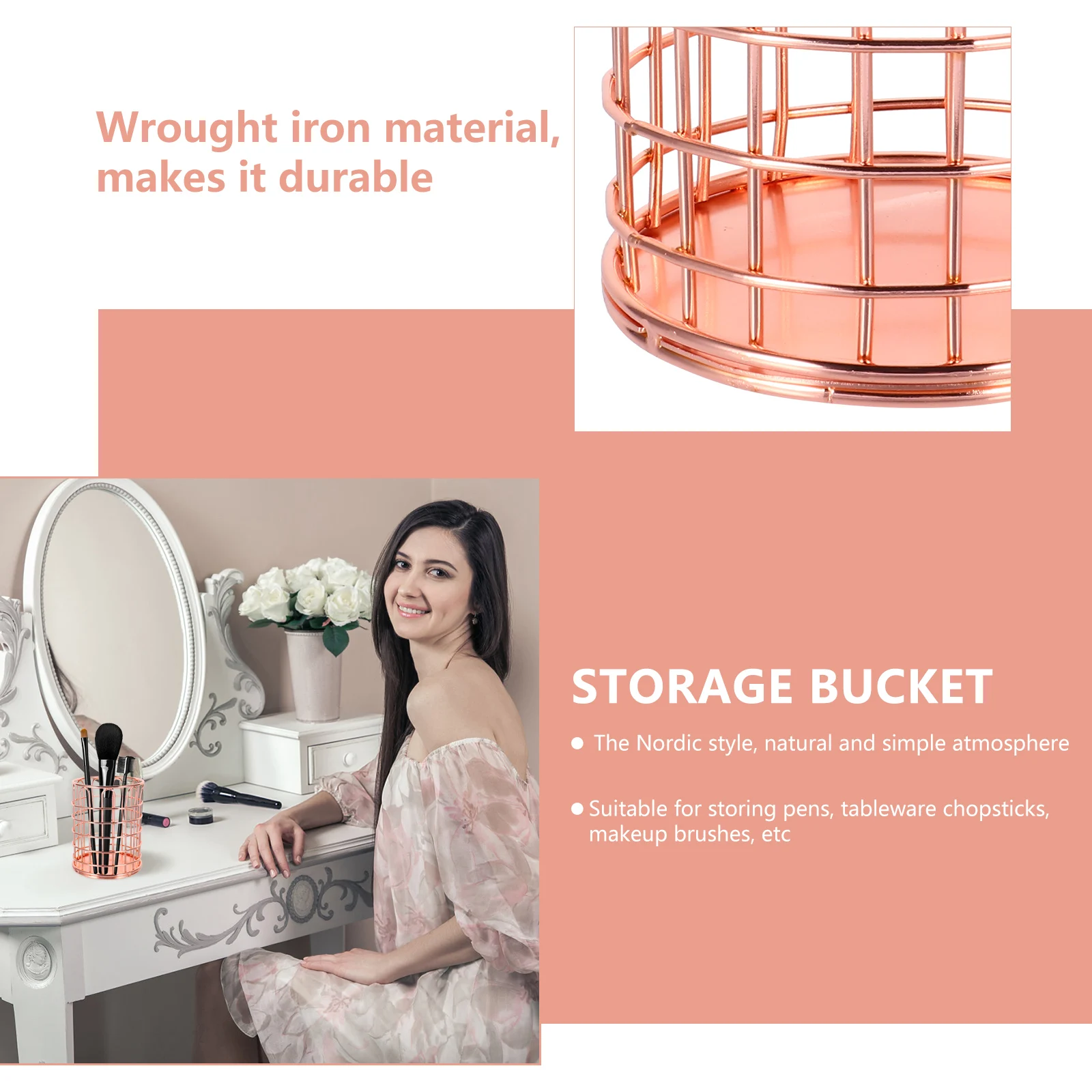 

2Pcs Metal Wire Makeup Brush Holders Rose Gold Desktop Storage Organizer Elegant Geometric Design Pencil Cup Holders