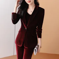 Herbst Winter hochwertige Stoff Samt formelle Hosen anzüge für Frauen Business Work Wear mit Hosen und Jacken Mantel Blazer Set