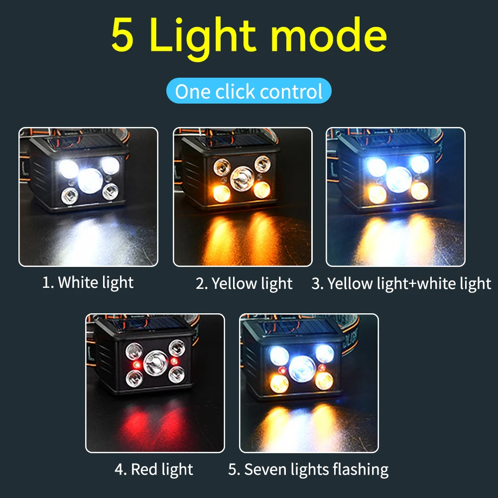 Linterna de cabeza Solar recargable por USB, 7LED, 5LED, COB, 5 modos, multifuncional, resistente al agua